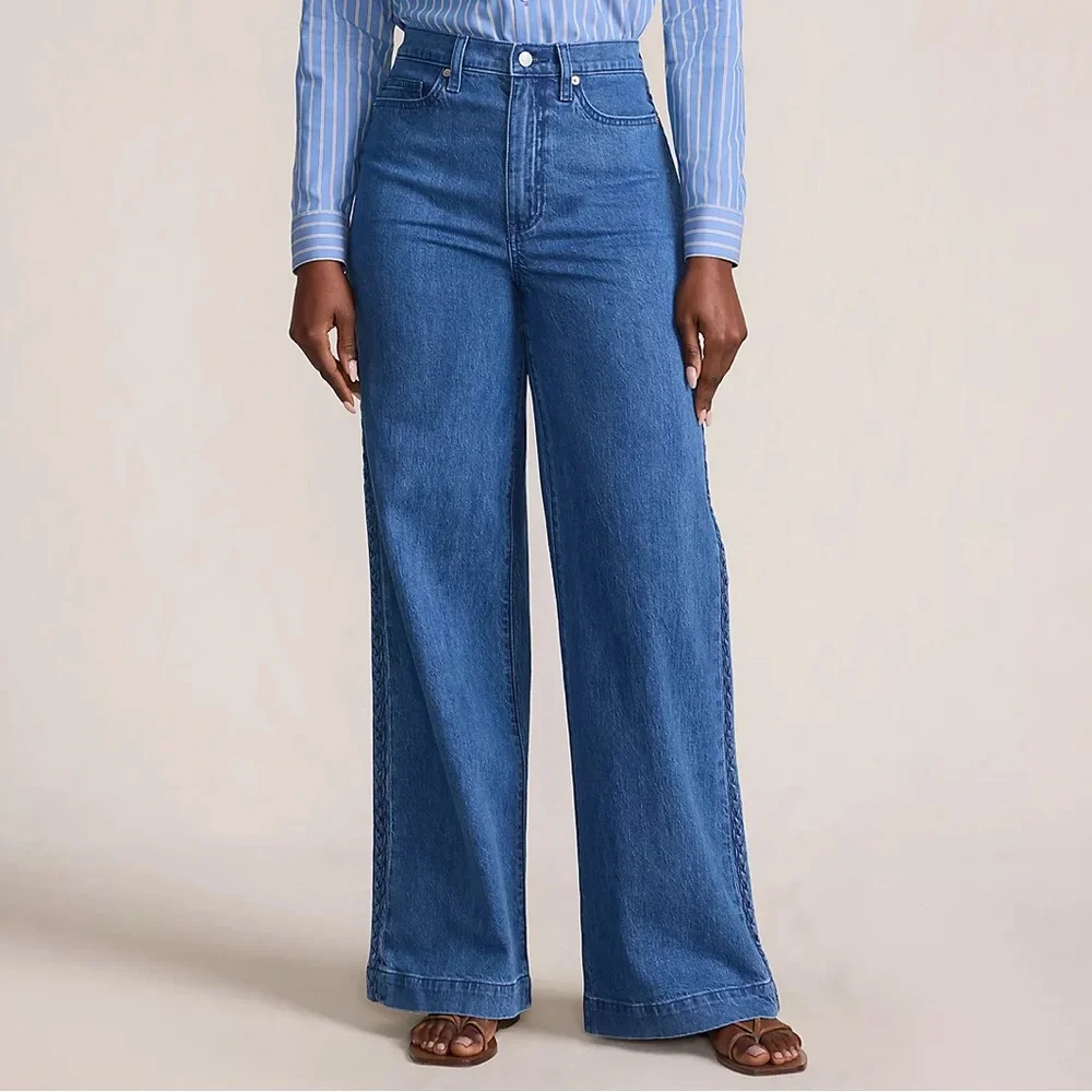 Land’s End Soft Denim High Rise Wide Leg Braided Jeans 15 blue sustainable flare - Picture 3 of 14